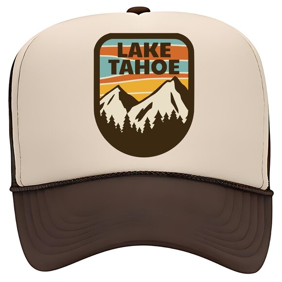 Lake Tahoe Hat Foam Trucker Mesh Snapback Cap Hat Tan & Brown - Picture 1 of 2